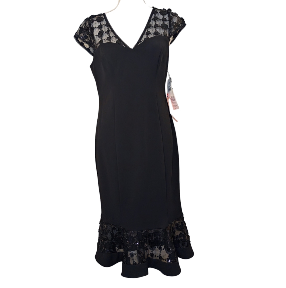 AIDAN MATTOX FLORAL LACE TRIM MESH CAP SLEEVE KNEE LENGETH BLACK COCKTAIL DRESS